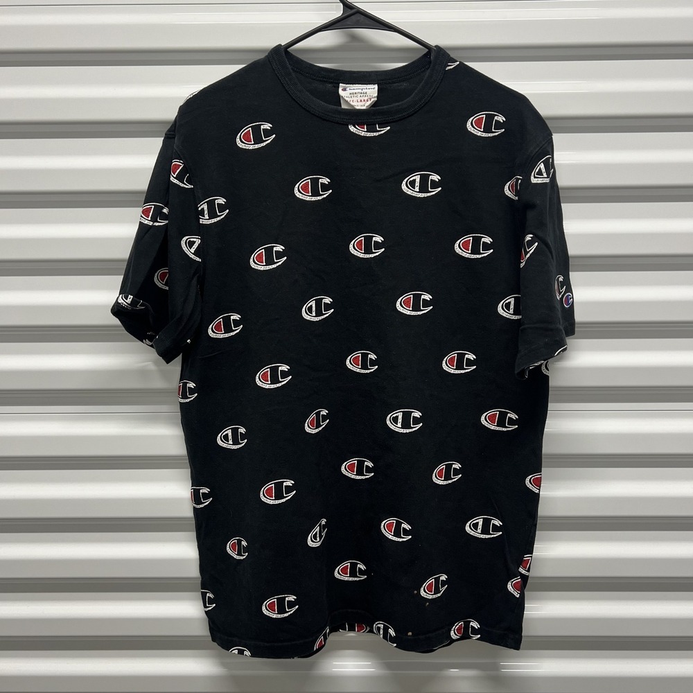 Champion Mens T-Shirt Large Cotton Black All Over Print Logo Heritage Streetwear